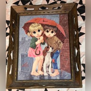 Vintage MCM 1965 Art Print by Lee w Frame BIG-EYED KIDS Beagle Dog & Umbrella EX